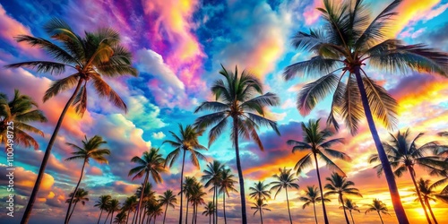 Silhouetted Palm Trees Against a Vibrant Sunset Sky, Digital Art, Palm Trees, Sunset, Tropical Paradise, Hawaii