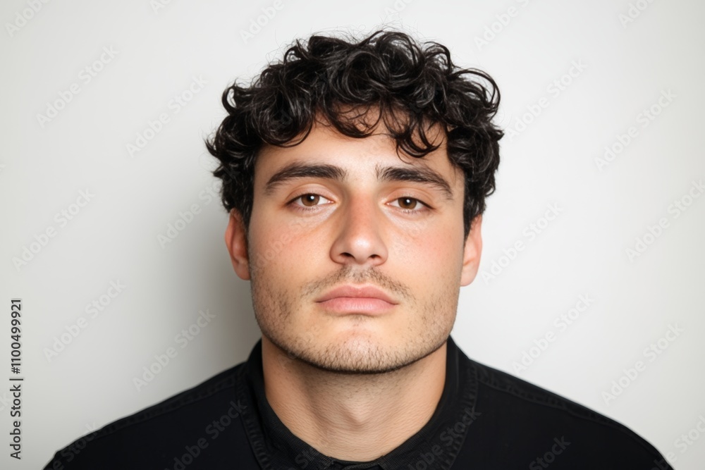 Fototapeta premium A man with a beard and dark hair is wearing a black shirt