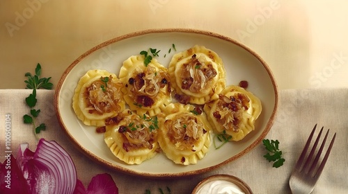 Pierogi, kapusta, grzyby, tradycyjne jedzenie, polska kuchnia, elegancka prezentacja, smażone pierogi, złociste, cebula, świąteczne, food photography, fine dining, ceramiczna zastawa, rustykalny, zbli