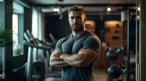 Strong and focused trainer posing in a gym setting