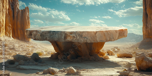 An abstract stone pedestal in the center of a rocky desert landscape under a clear sky. The massive rock formations highlight the natural textures, suitable for earthy or environmental themes. photo