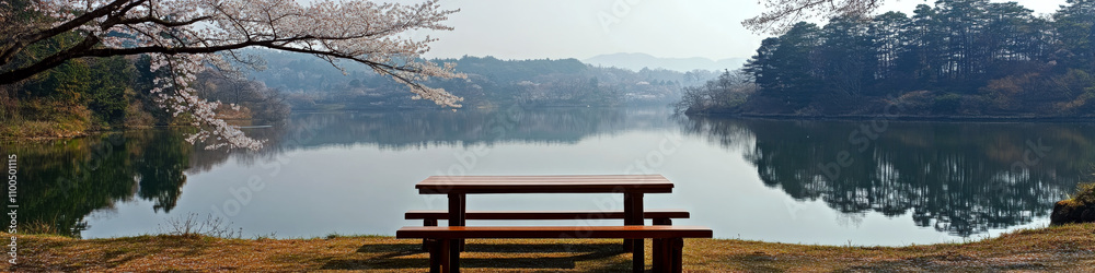 Obraz premium A wooden picnic table sits by a tranquil lake under cherry blossom trees. Concept of serenity and nature. For promoting peaceful outdoor retreats.