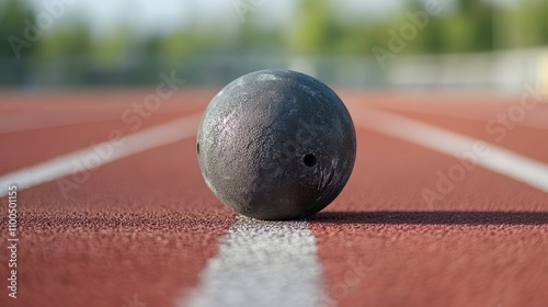 A close-up of a shot put with a focus on the metal surface and grip area, outdoor setting on a track and field ground, Traditional style