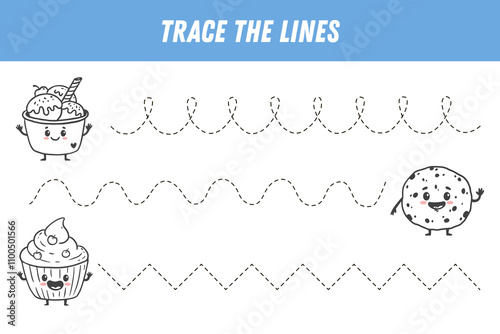  Tracing lines for kids. Cute cartoon sweets. Funny food characters. Handwriting practice. Educational game for preschool kids. Activity page. Vector
