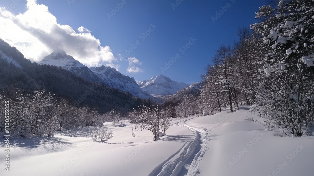 Snow-covered landscape with mountain views and trails on a sunny winter day in nature Snow-covered landscape with mountain views and trails on a sunny winter day in nature