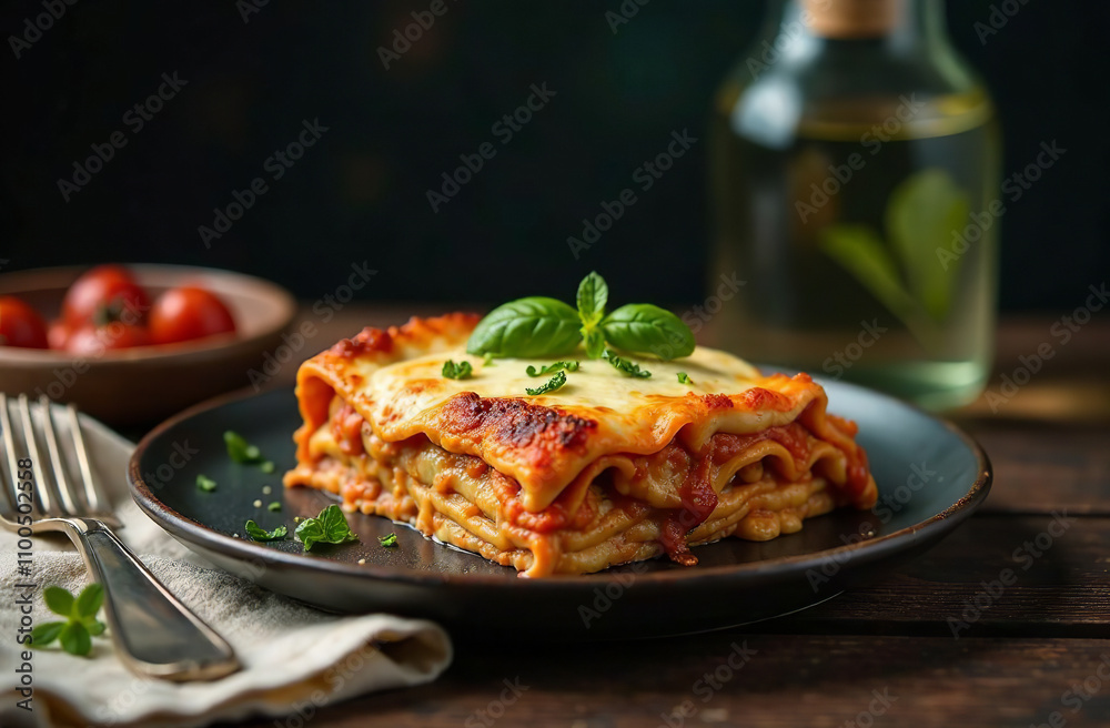 Fototapeta premium Piece lasagna on dark background, food photo Italian restaurant. AI Generative