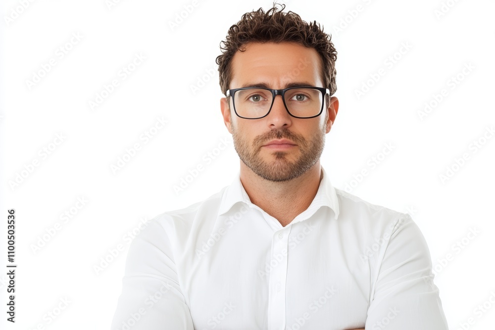 Fototapeta premium A man with glasses and a beard is wearing a white shirt