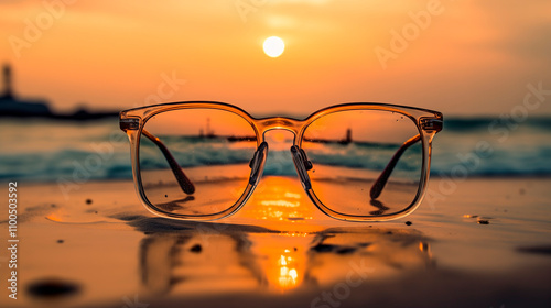 A view through the optical lenses of glasses at the sea and sunset. The view is clearer and brighter through the glasses. photo