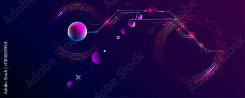 Dark retro futuristic art neon abstraction background cosmos new art 3d starry sky glowing galaxy and planets blue circles