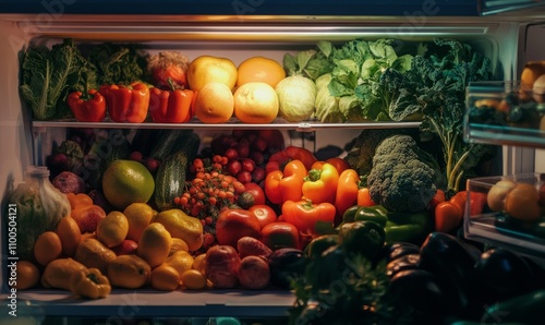 A fridge filled with vibrant fresh vegetables and fruits