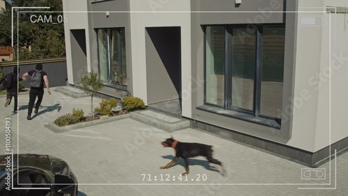 Security Camera Footage Shows Two Armed Burglars Attempt a Break-In but Are Chased Away by a Guard Dog Protecting the Home. Concept of Home Security Pet Protection and the Role of Guard Dogs