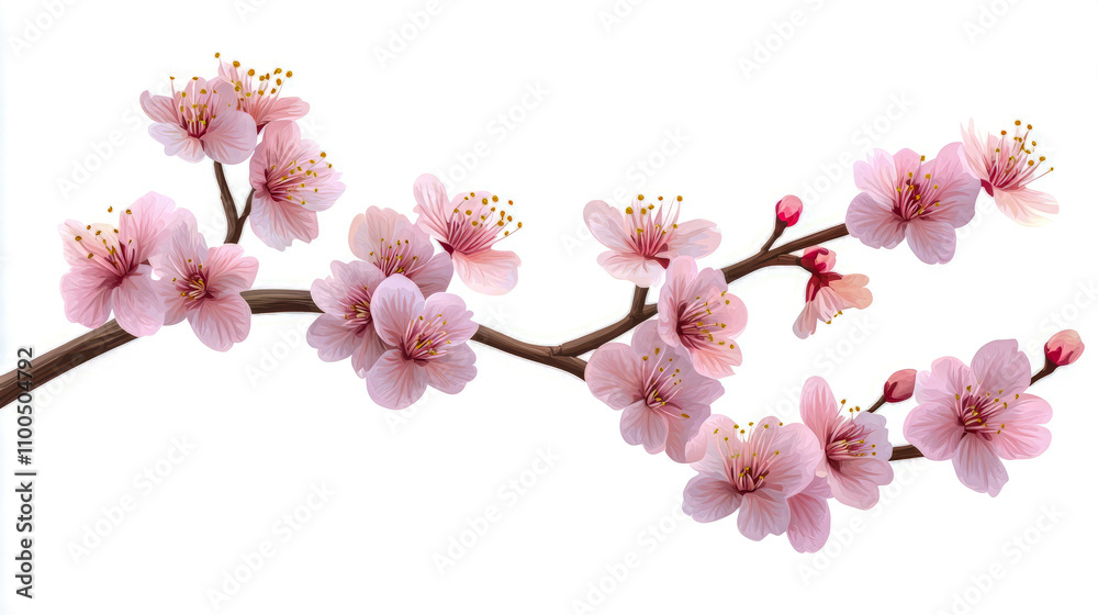 Fototapeta premium Delicate pink cherry blossom branch with blossoming flowers on white background