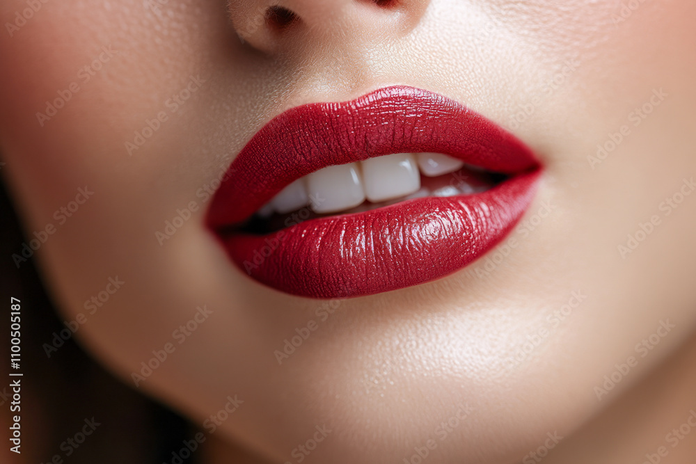 Fototapeta premium Close-up of female lips with red lipstick and smooth skin texture