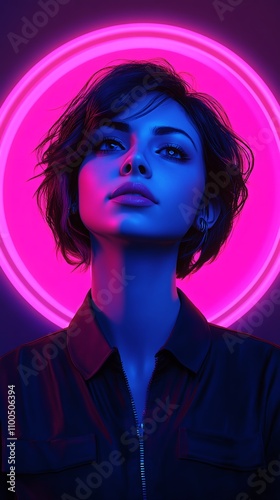 Mysterious Woman With Short Hair Illuminated by Neon Pink and Blue Lights in a Dark Setting During Nighttime