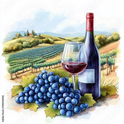 Wine bottle and glass with grapes in vineyard. Scenic autumn landscape with hills and vineyards. Artistic watercolor illustration. Wine, grapes, harvest, countryside. photo