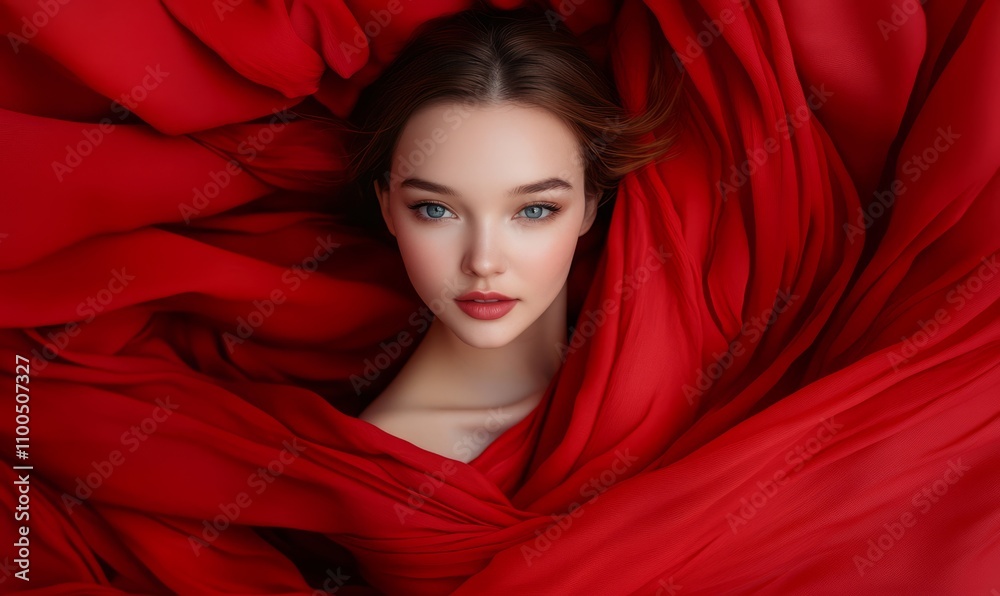 Beautiful young woman posing wrapped in red fabrics