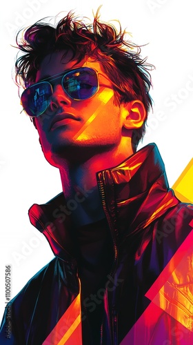 Young Man in Stylish Sunglasses and Jacket Poses Confidently Against a Vibrant Colorful Background