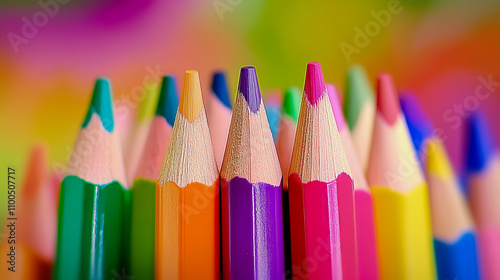 Vibrant colorful close-up of assorted colored pencils against a blurred background photo