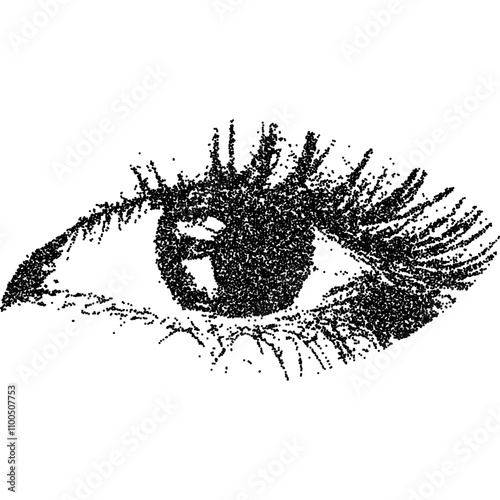 Eye with halftone stipple effect for grunge punk y2k collage design. Vintage photocopy style vector illustration. Grainy textured element in noisy gradation dotwork