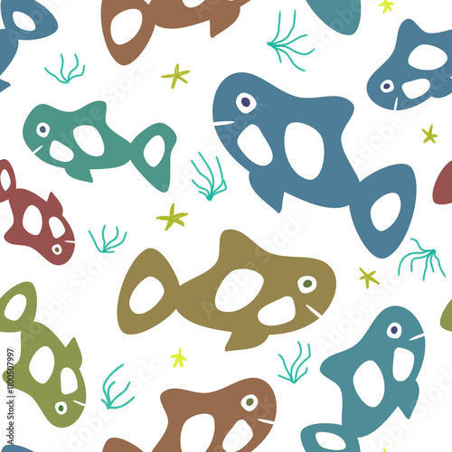 Seamless pattern of fish in the ocean. Illustration.