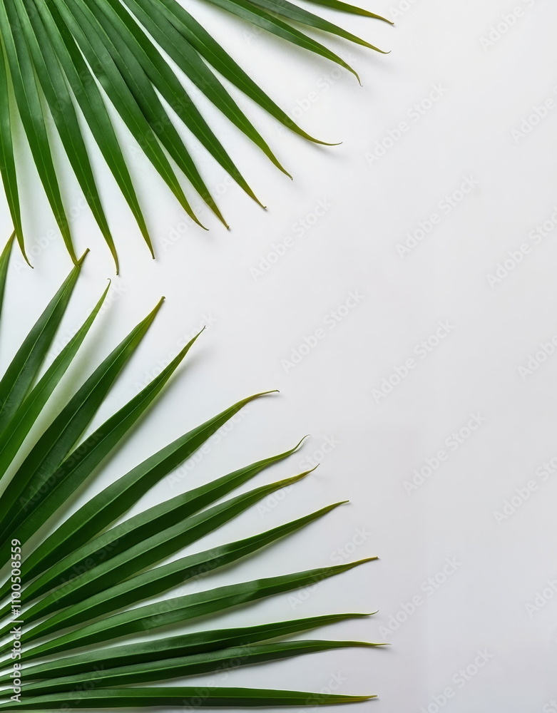 Fototapeta premium Tropical palm leaves on white background - perfect for spa websites, summer blogs, eco-friendly product designs, and minimalist home decor presentations