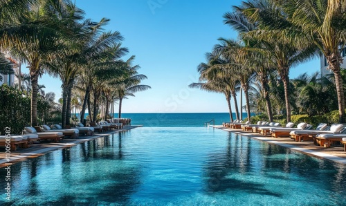 A hotel pool surrounded by palm trees and stylish lounge chairs, with blue water reflecting the clear sky, offering a peaceful retreat