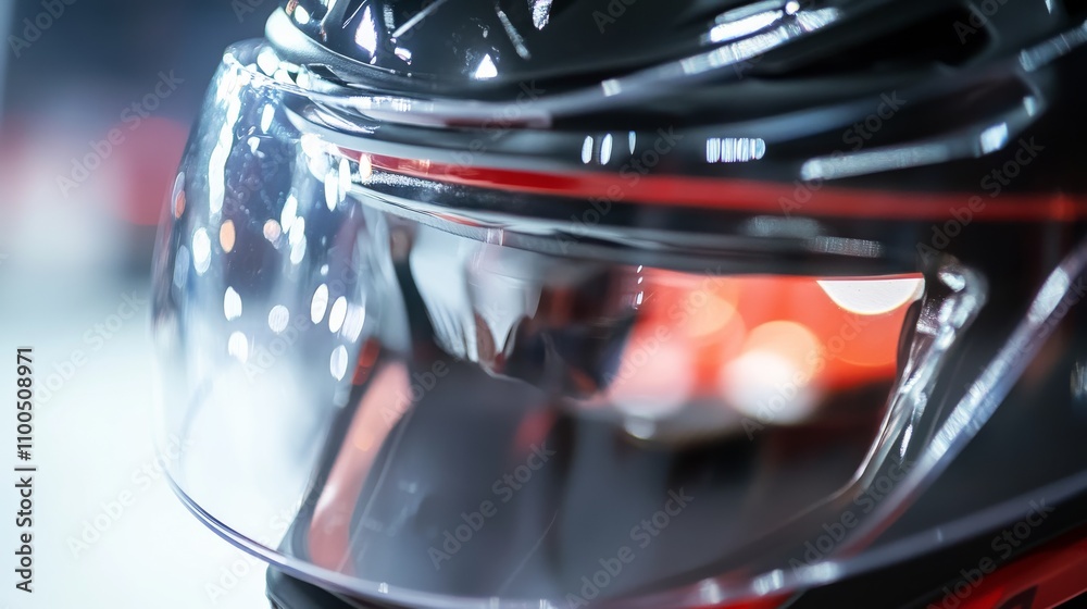 Obraz premium A close-up of an ice hockey helmet’s visor with a focus on the clarity and reflections, indoor setting with arena lighting, Clean style