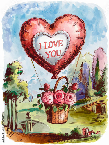 Watercolor illustration of a basket with roses on a balloon in the shape of a heart with the inscription “I love you”. Greeting card for Valentine's Day