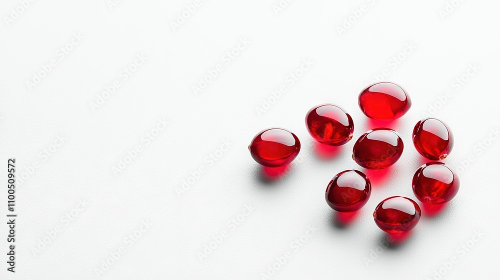 Red glass balls arranged on white table next to each other on white surface Red glass balls arranged on white table next to each other on white surface