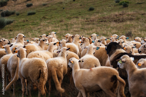 rebanho de ovelhas no monte com um cão de gado transmontano a pastorear photo