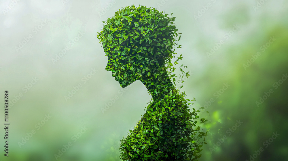 Fototapeta premium Leaf-covered silhouette of a female form in nature