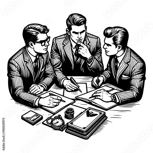 Three businessmen discussing work at a desk in black-and-white style, generative ai.