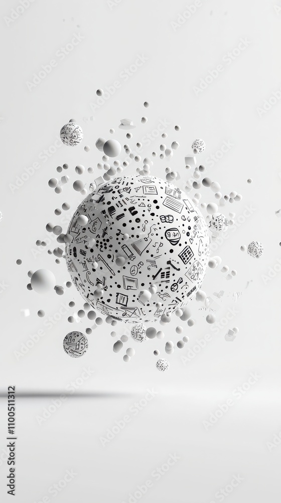 Dynamic abstract spinning globe in white tones with symbols of technology business and science minimalist environment artistic concept for modern aesthetics Dynamic abstract spinning globe in white tones with symbols of technology business and science minimalist environment artistic concept for modern aesthetics