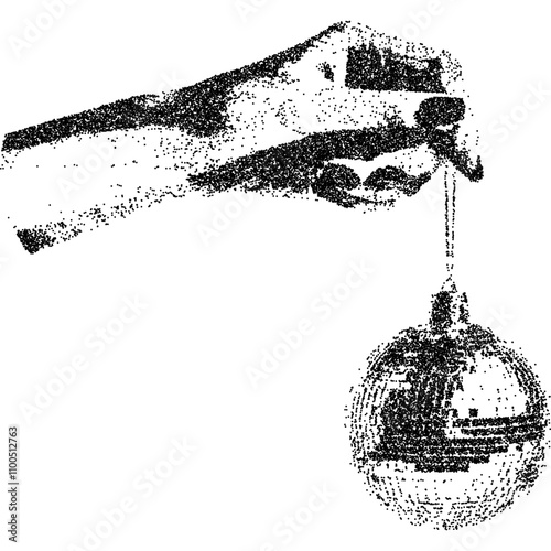Hand holding disco ball with vintage stippled photocopy texture. Vintage New Year's Eve disco party retro graphic collage element. Vector illustration