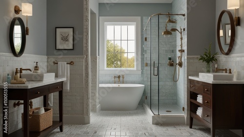 Elegant master bathroom with freestanding tub, double vanity, and glass shower.