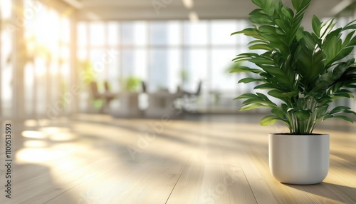 Contemporary Open Space Office With Light Blurred Aesthetic: Panoramic Windows, Green Plant, And Wooden Flooring In Meeting Room. photo