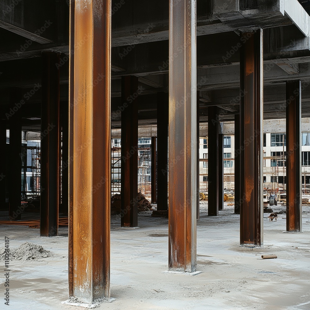 Fototapeta premium Interior view of a construction site showcasing steel support beams and unfinished structure.