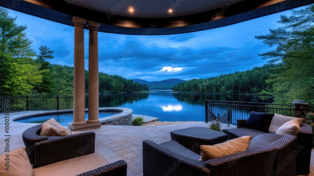 Fototapeta premium Stunning property on Lake Keowee in Georgia featuring a large patio, columns, and a full moon illuminating the tranquil water at dusk