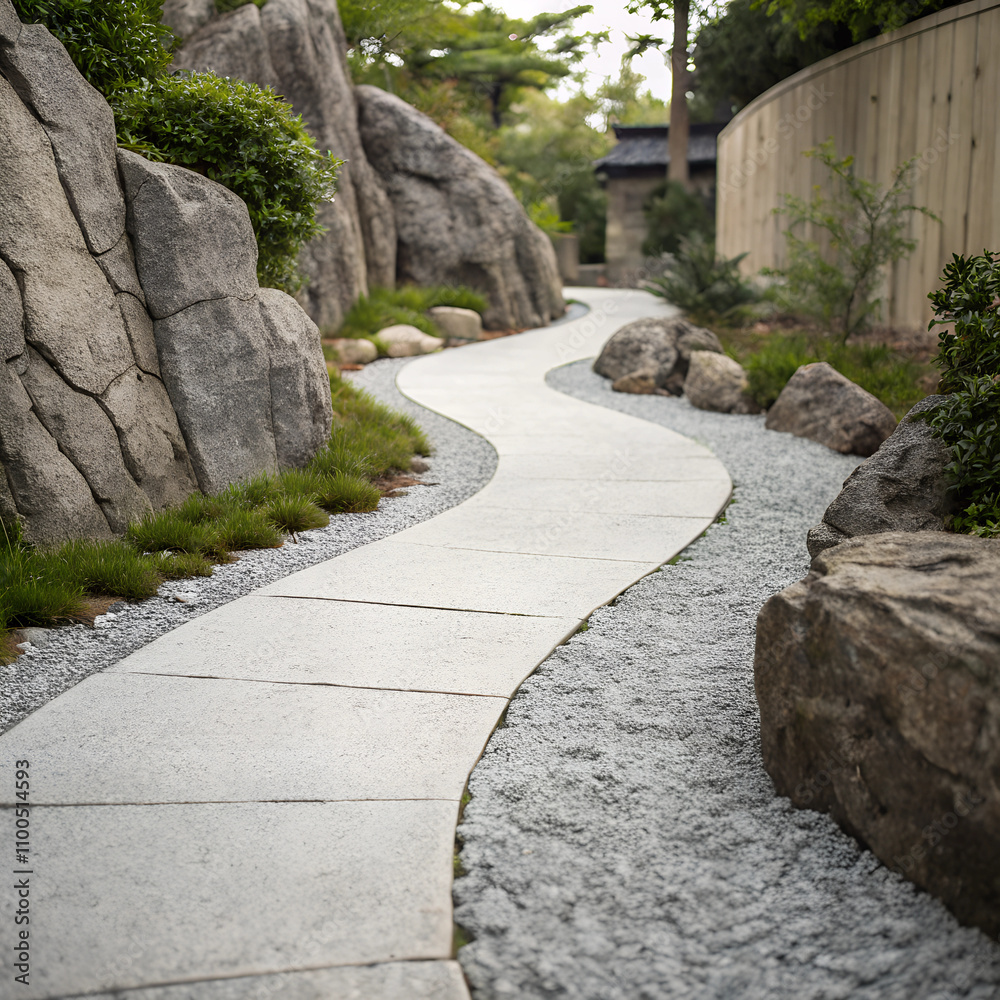 Fototapeta premium Gray wild stone garden path winding through landscaped area with natural elements and greenery