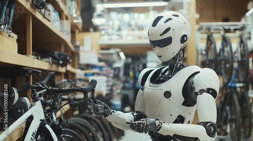 Humanoid robot checks the handlebars of a bicycle in a bike shop, showcasing the future of retail and automation photo