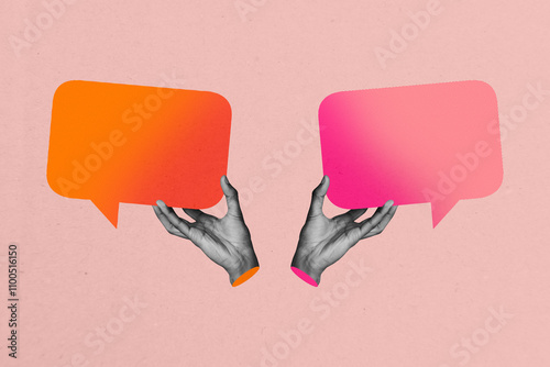 Composite photo collage of two hands hold bubble communication speech colorful cloud talk conversation isolated on painted background