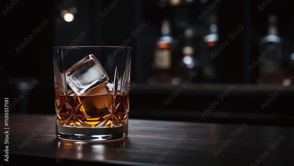 Whiskey on the Rocks in Dark Bar, Minimalistic Background Whiskey on the Rocks in Dark Bar, Minimalistic Background