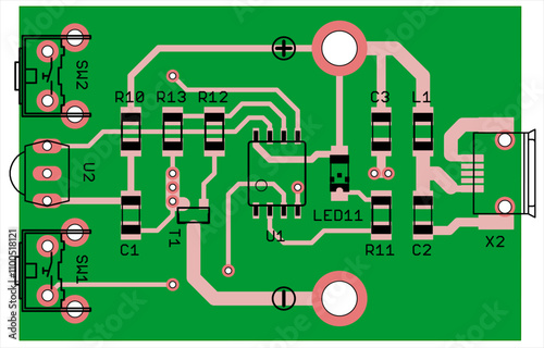 Vector printed circuit board of electronic 
device with components of radio elements, 
conductors and contact pads placed on pcb. 
Engineering technical computer cad drawing.