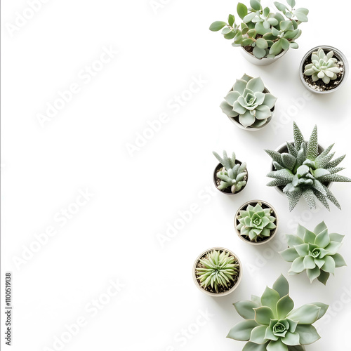 A minimalist topdown view of several small potted succulents and cacti arranged on the right side of a bright white background The plants are a mix of soft green light photo