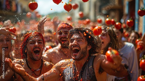 Tomato fights on the street in the town of Spain. Tomato Festival in Spain photo