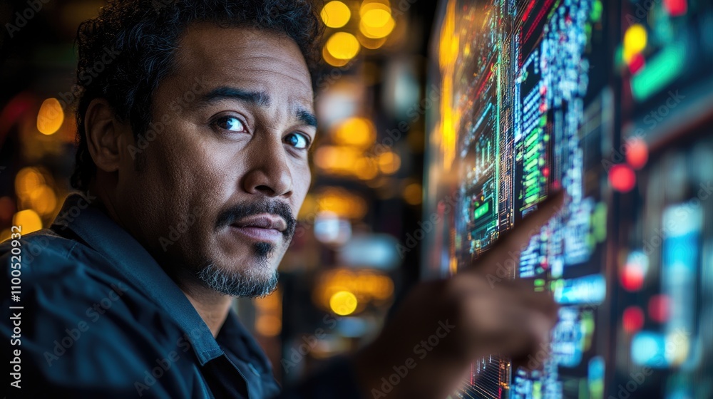Fototapeta premium African mix engineer working as operator controller with data base from Scada system on computer screen.