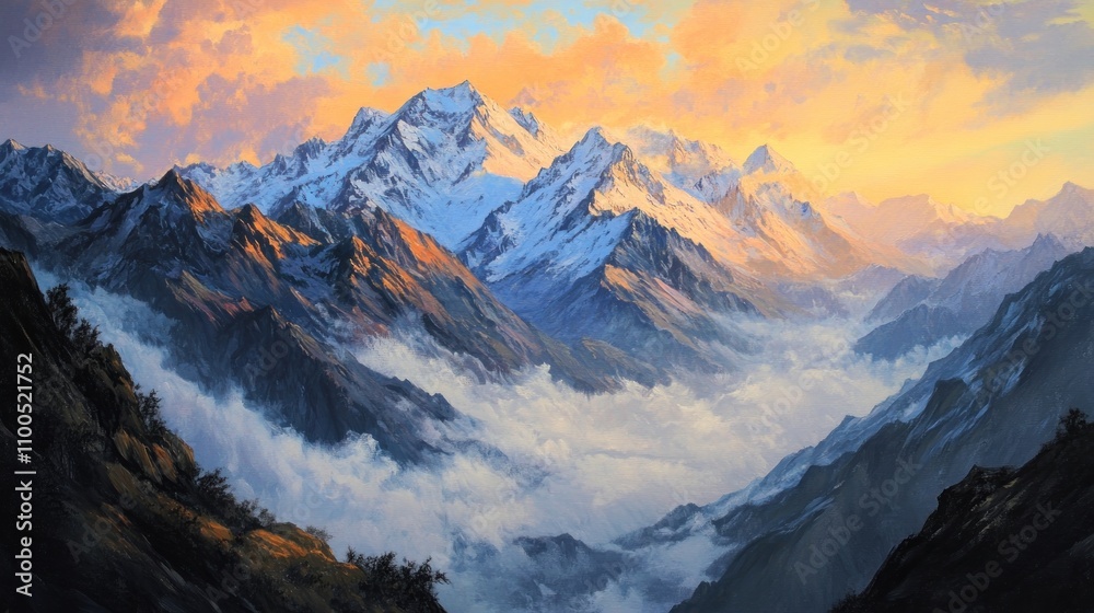 Obraz premium Majestic mountain landscape with snow-capped peaks and a colorful sky at sunset.