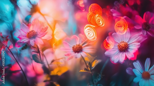 Vibrant Dreamscape of Colorful Flowers with Light Bokeh Effects in a Whimsical Garden Setting