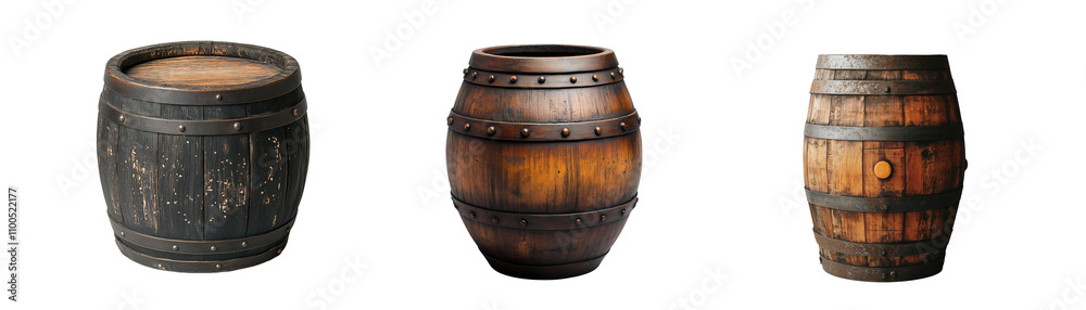 Set of three rustic wooden barrels on transparent background, vintage storage containers Set of three rustic wooden barrels on transparent background, vintage storage containers