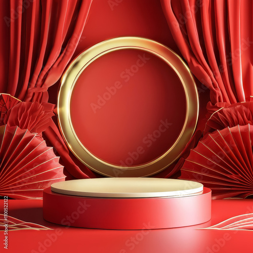 Lunar New Year, Chinese red background mock up podium stage, happy new year gold lunar luxury stand pedestal, modern maroo display background, ad, podium platform, product presentation space photo